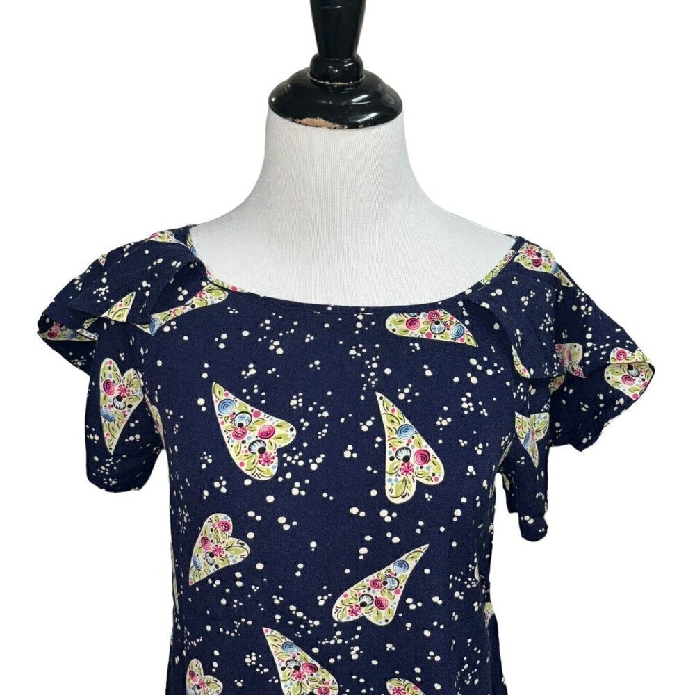 Anthropologie Odille Women's Size 2 A-Line Top Ruffle Sleeves Floral Heart Print - Picture 2 of 6